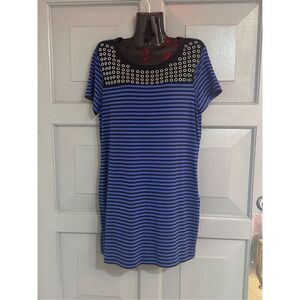 Michael Kors Stripped Gromit Short Sleeve Shirt Dress Sz L Blue Black